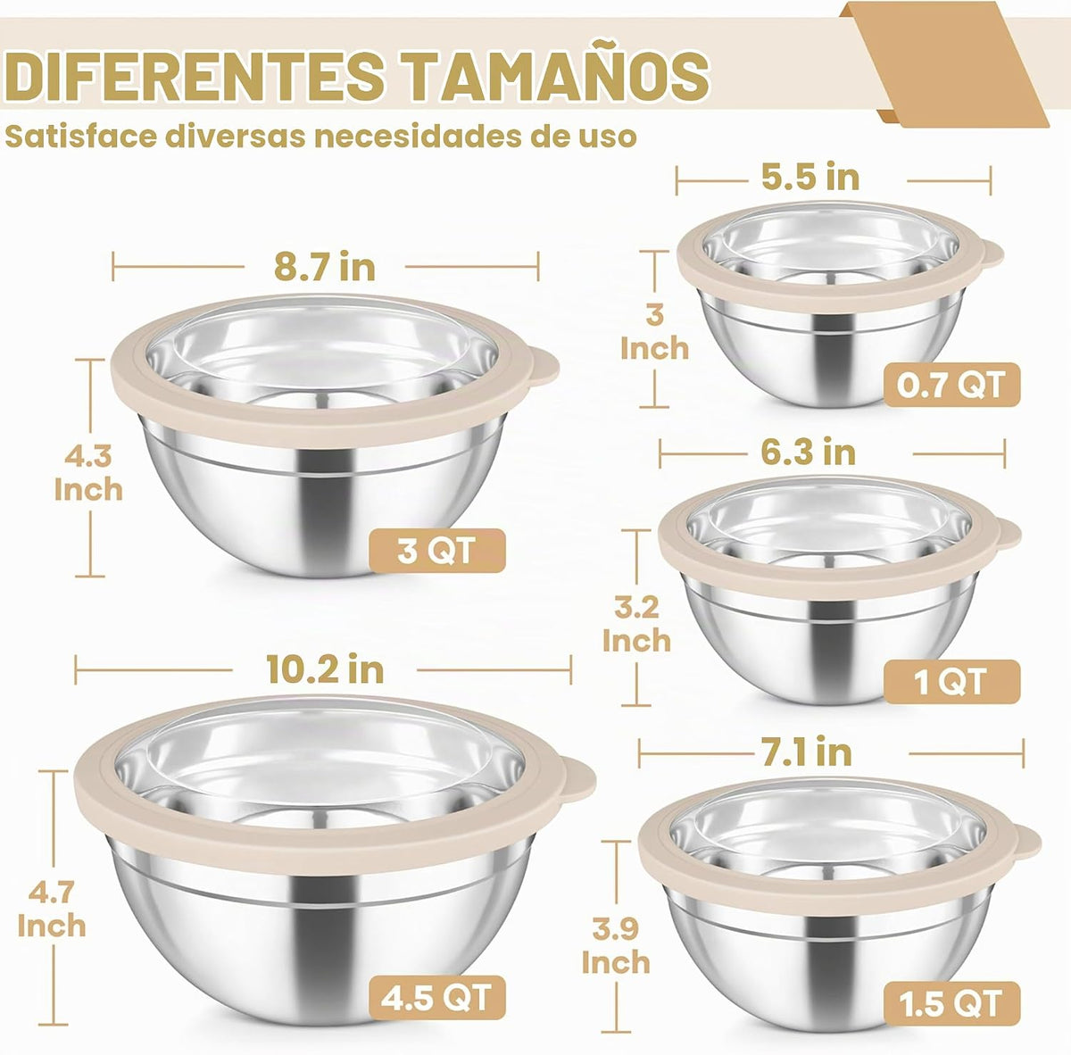 TeamFar - Juego de 5 tazones para mezclar con tapas, de acero inoxi...