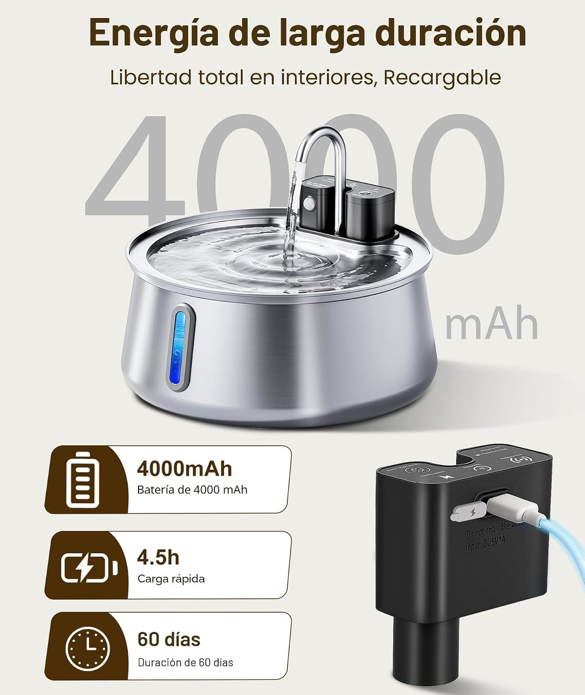 CEESC Fuente de agua inalámbrica para gatos, acero inoxidable, 4L\/...