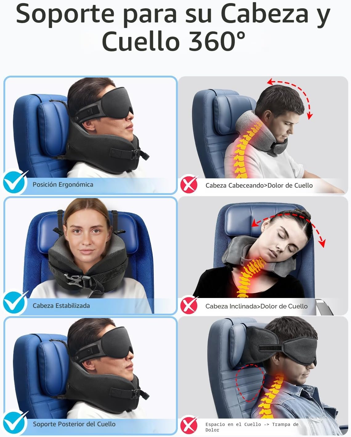 YFONG - Almohada de viaje para vuelos largos en avión, combo con co...