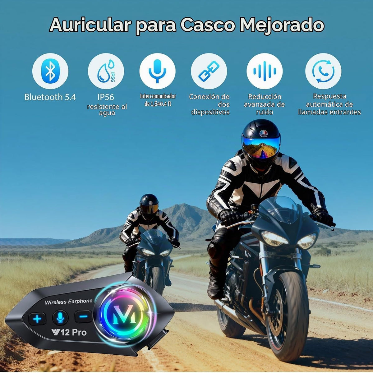 Intercomunicador para motocicleta, paquete de 2 auriculares Bluetoo...