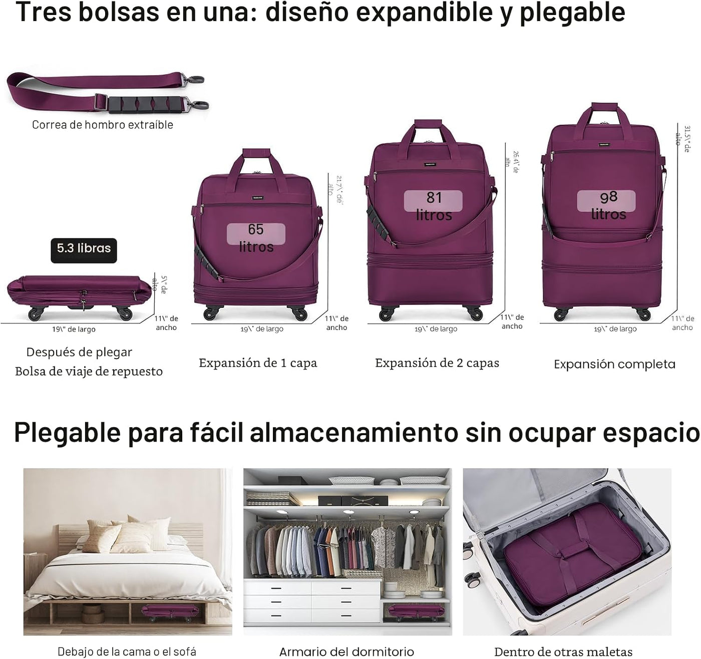 Maletas Hanke con ruedas Bolsa de equipaje expandible plegable Bols...