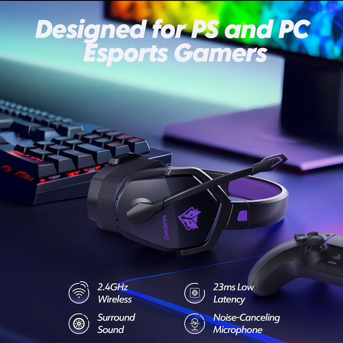 NUBWO Auriculares inalámbricos para juegos con micrófono para PC Ps...