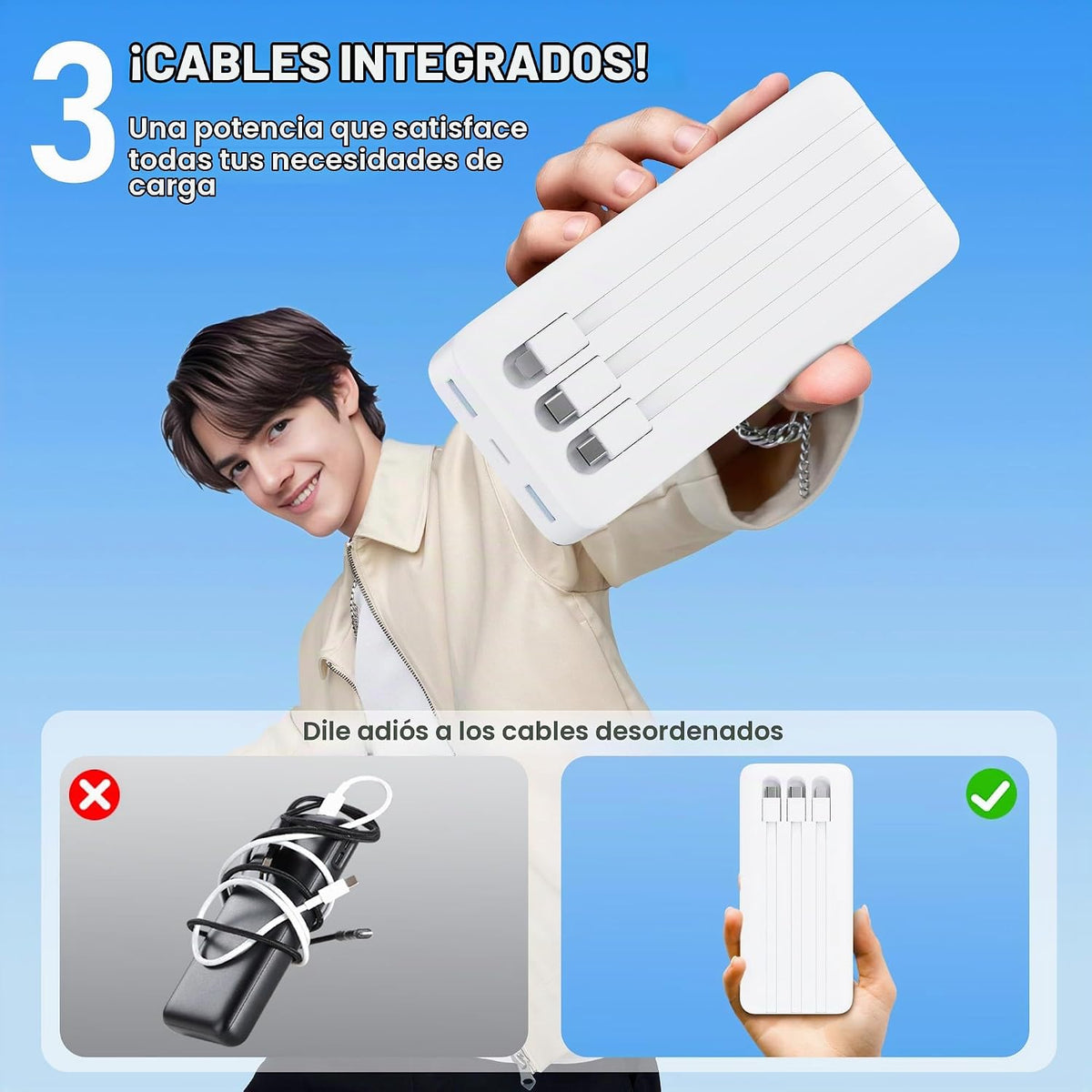 Cargador portátil de 50800 mAh con 3 cables integrados, 25 W PD QC4...