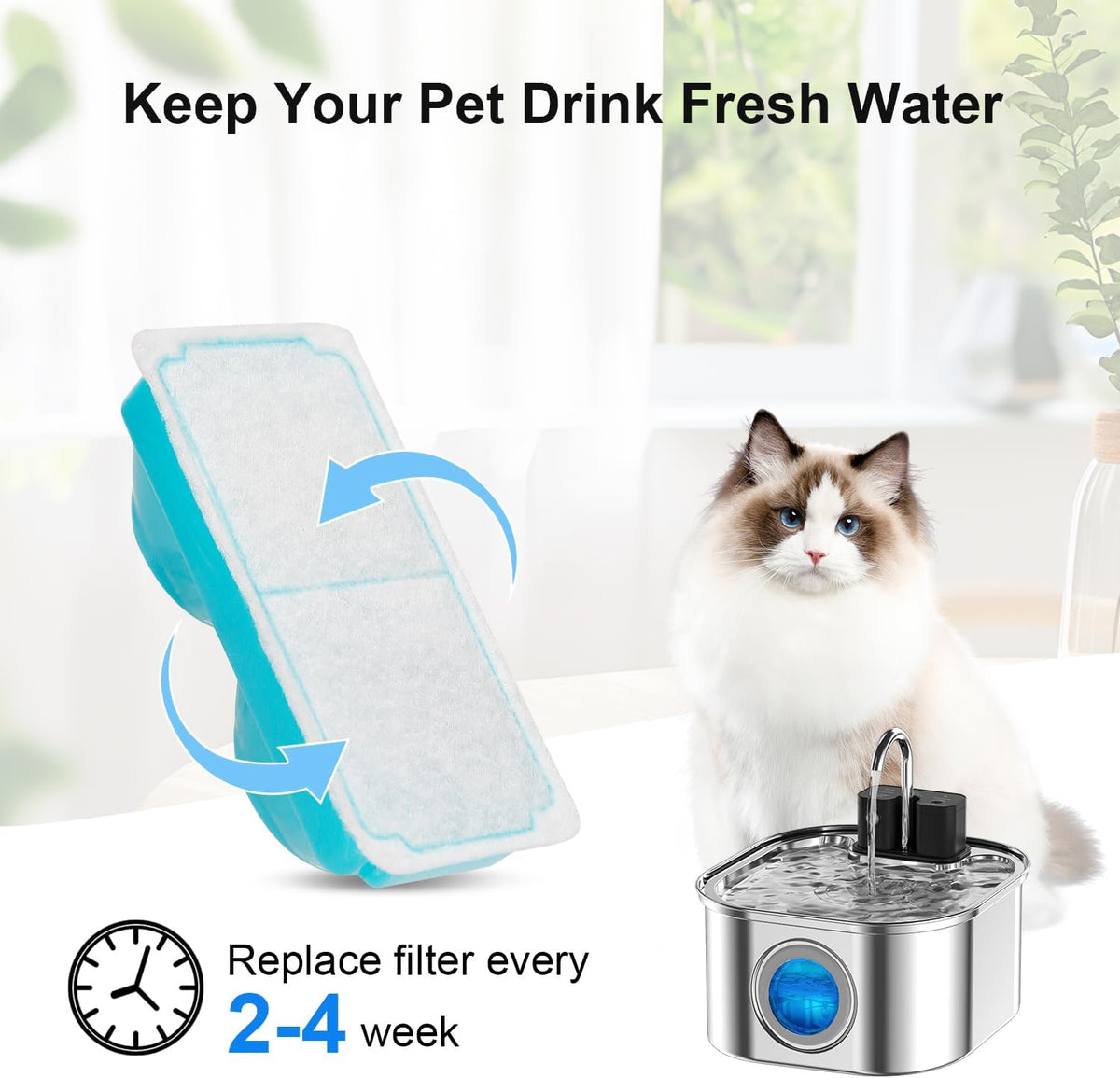 NautyPaws Fuente de agua para gatos inalámbrica, de acero inoxidabl...