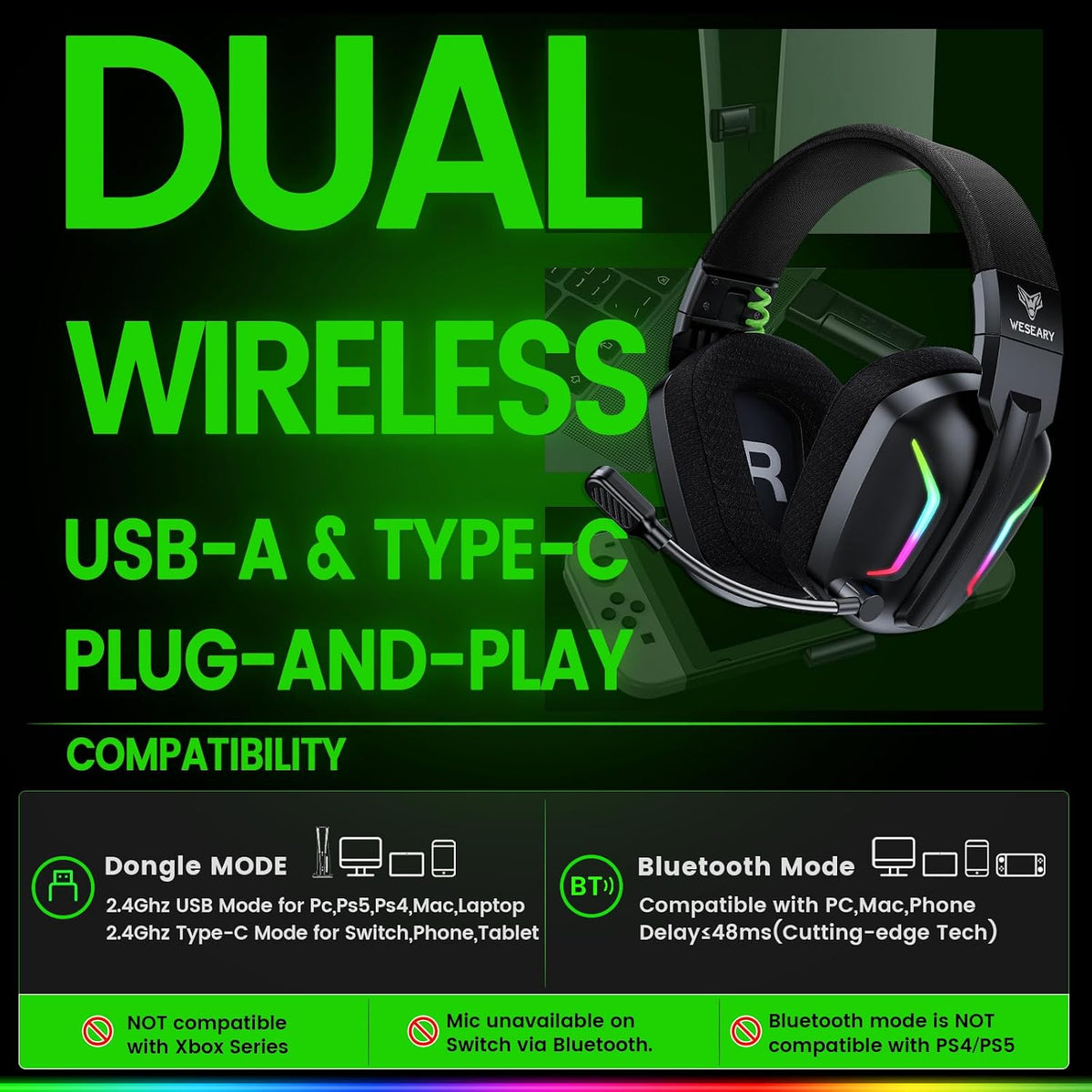 WESEARY Auriculares inalámbricos para juegos para PS5, PS4, PC, Swi...