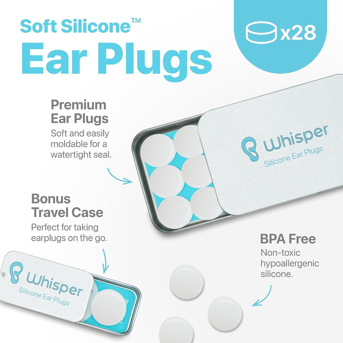 Whisper Tapones para los oídos (28 piezas) | Silicona suave | Tapon...