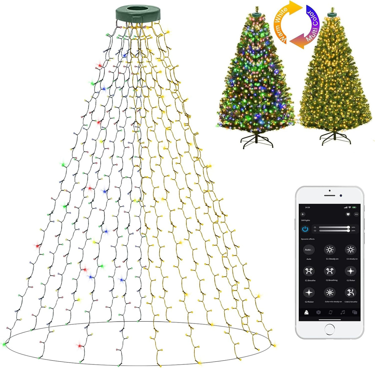 Dreicht Luces inteligentes para árbol de Navidad con anillo, contro...