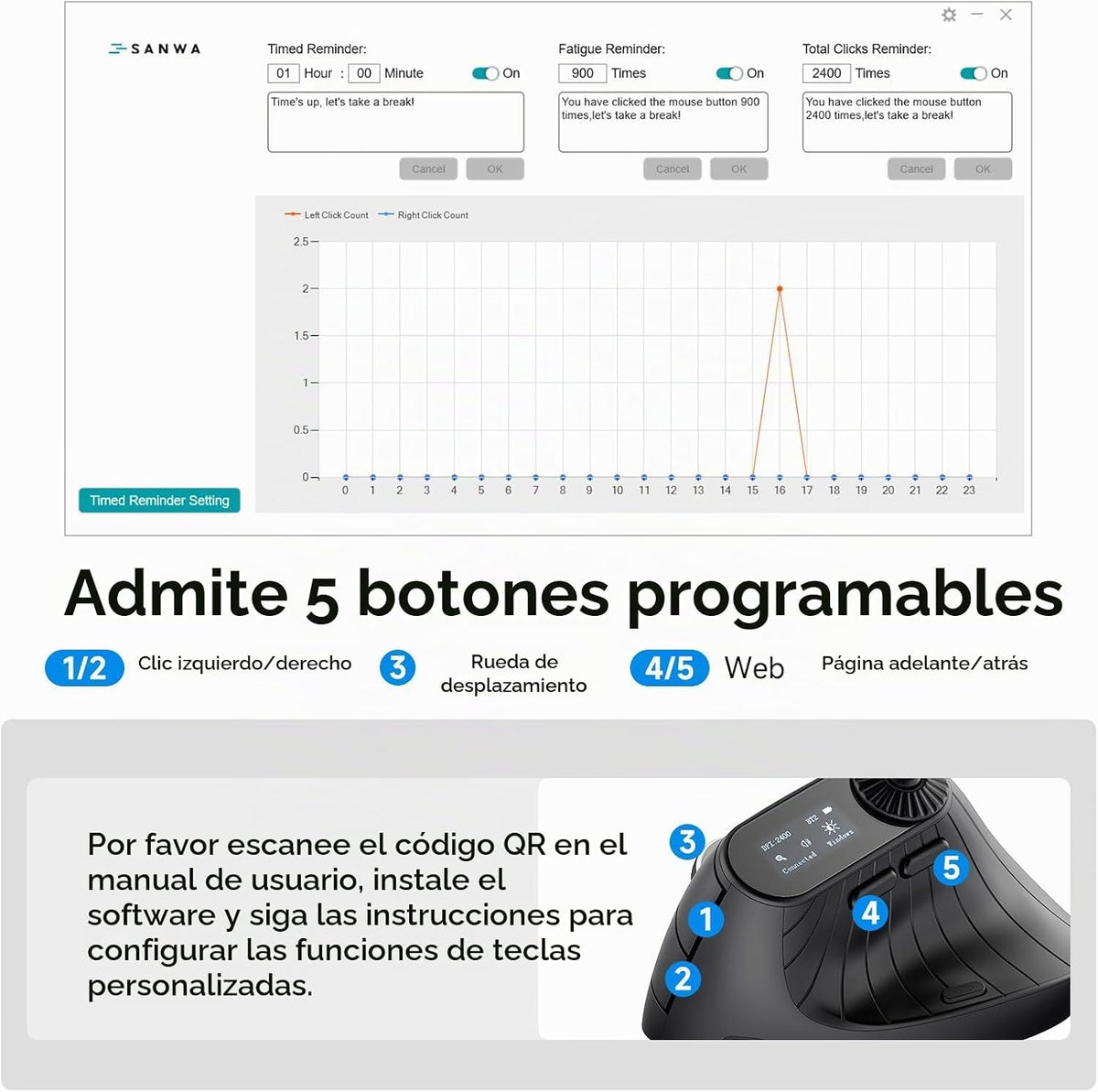 SANWA Ratón vertical ergonómico de 3 dispositivos con pantalla LED...