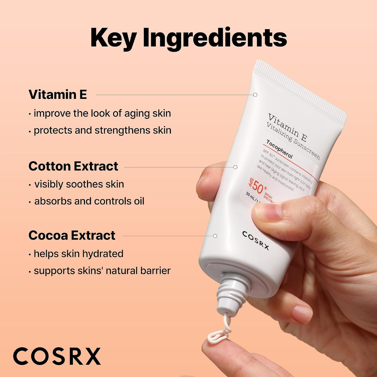 COSRX Vitamina E Protector solar SPF 50, brillo natural, para piel...