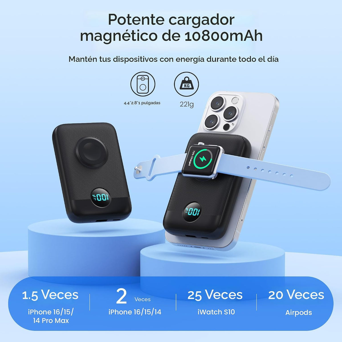 Cargador portátil magnético para iPhone y Apple Watch, 10800 mAh 25...