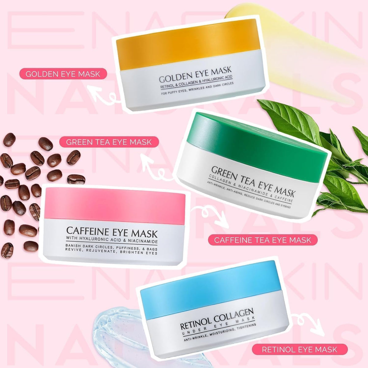 Kit de parches para debajo de los ojos: 120 piezas de cafeína rosa...
