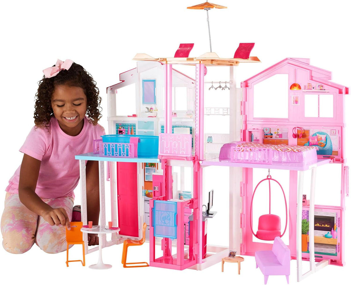 Barbie - Casa de muñecas de 3 pisos | Ascensor, silla de columpio,...
