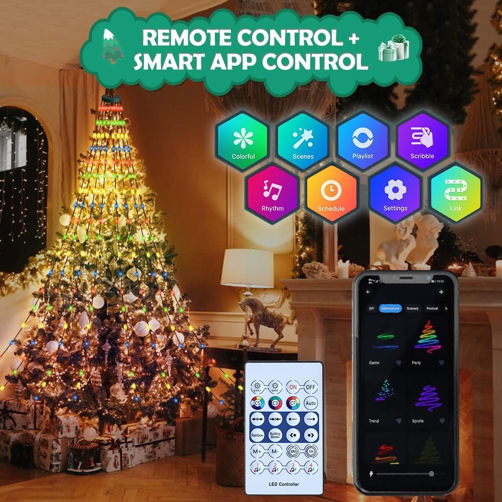 Cadena de luces para árbol de Navidad con anillo, control remoto in...