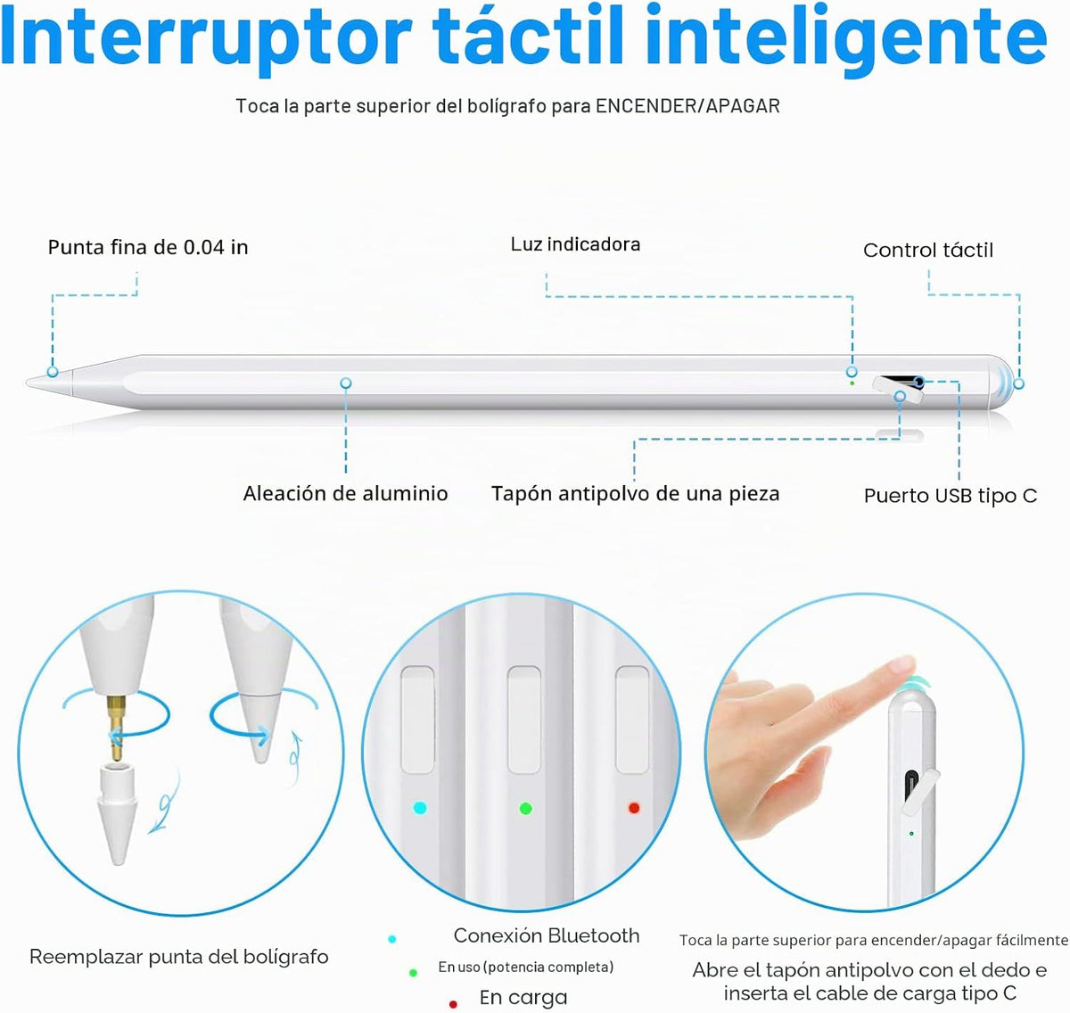 Lápiz óptico para iPad 2018-2025 con rechazo de palma, Apple Pencil...