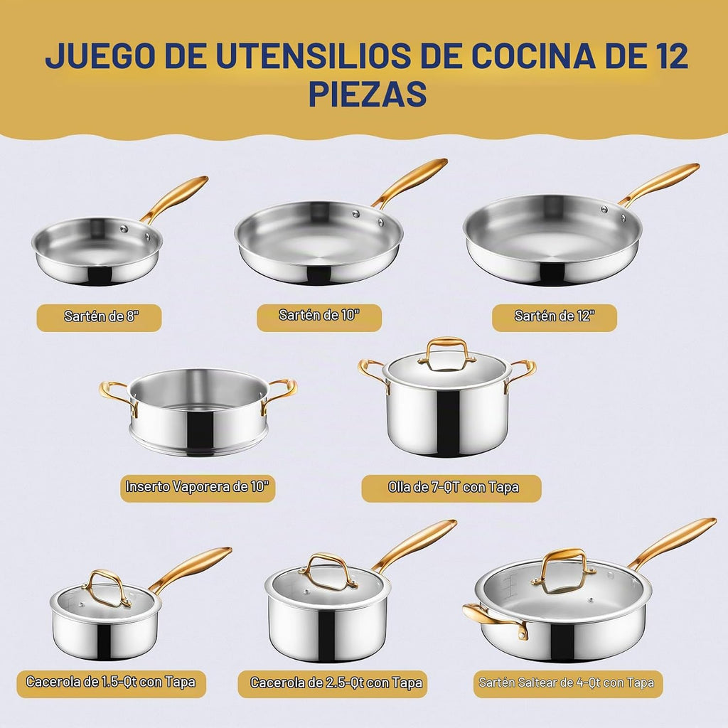 EWFEN - Juego de ollas y sartenes de acero inoxidable de triple cap...