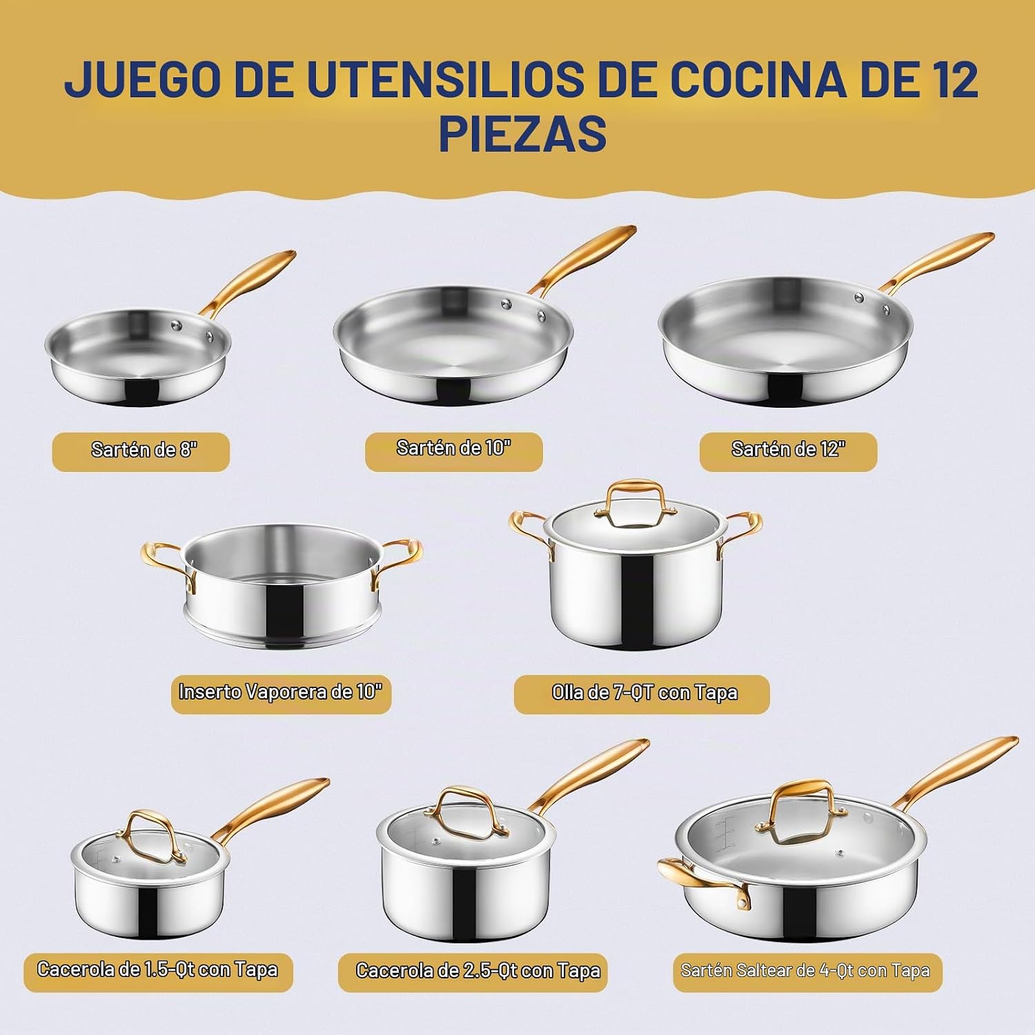 EWFEN - Juego de ollas y sartenes de acero inoxidable de triple cap...