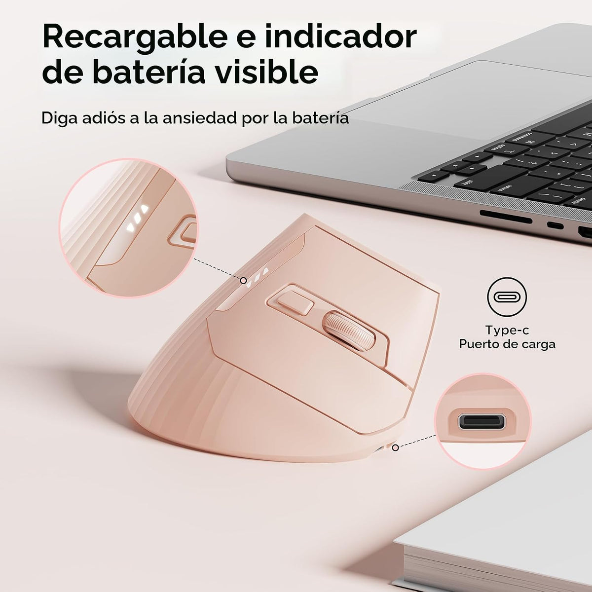 Uineer Ratón vertical ergonómico, ratón inalámbrico 2.4G, recargabl...