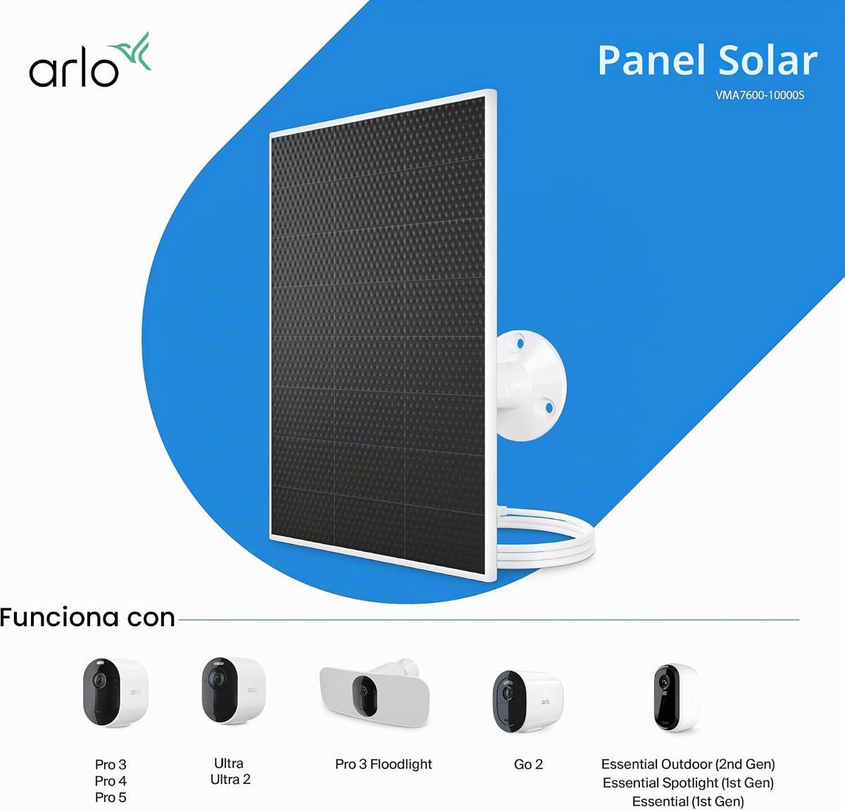 Cargador de panel solar Arlo (blanco), accesorio certificado Arlo,...