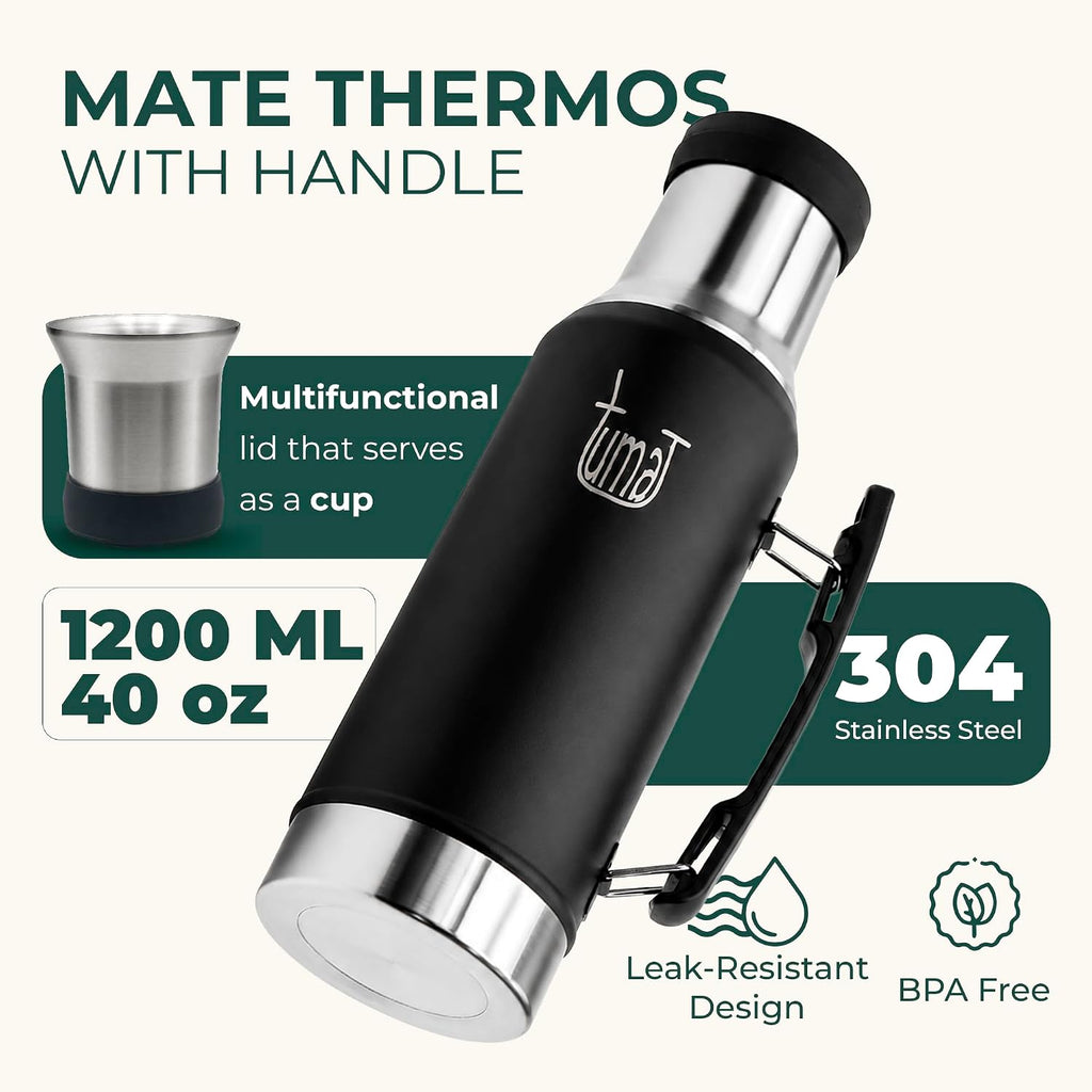 Kit completo de Yerba Mate – Termo de 1.2L con sistema mate, taza, boquilla de clip, pajita (Bombilla) y mochila gratis, juego de acero inoxidable de primera calidad para llevar