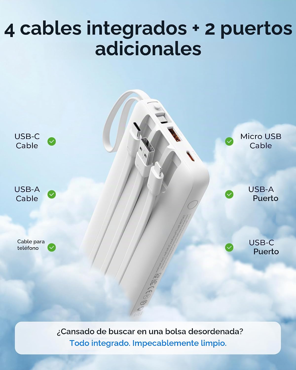 VRURC Cargador portátil 4 cables integrados 20000mAh Banco de energ...