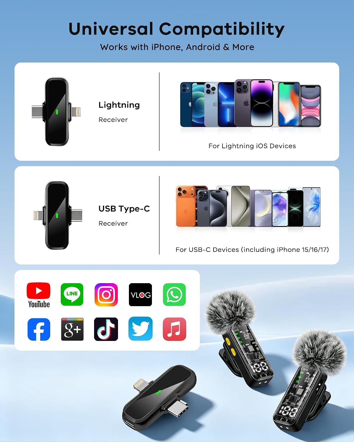 Gicorino Paquete de 4 Mini Micrófonos Lavalier Inalámbricos para iP...