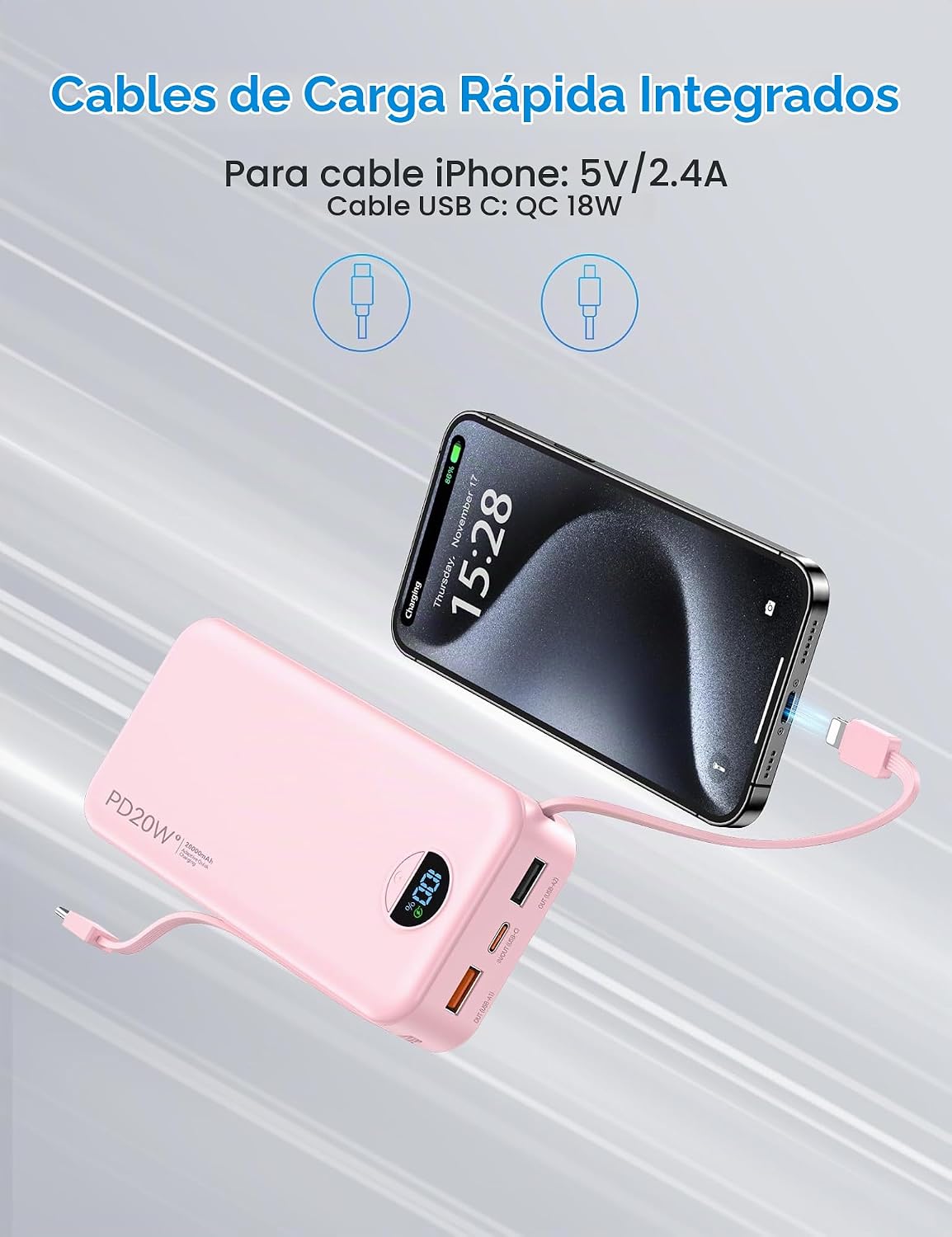 Cargador portátil Ffnpua 20000mAh PD20W con cables incorporados | C...