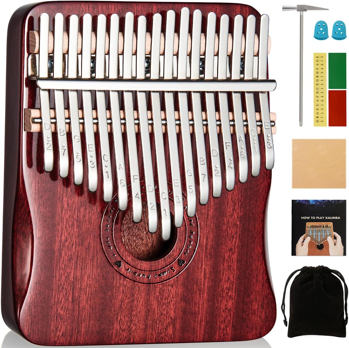 Kalimba - Piano de pulgar de 17 teclas (rojo vino)