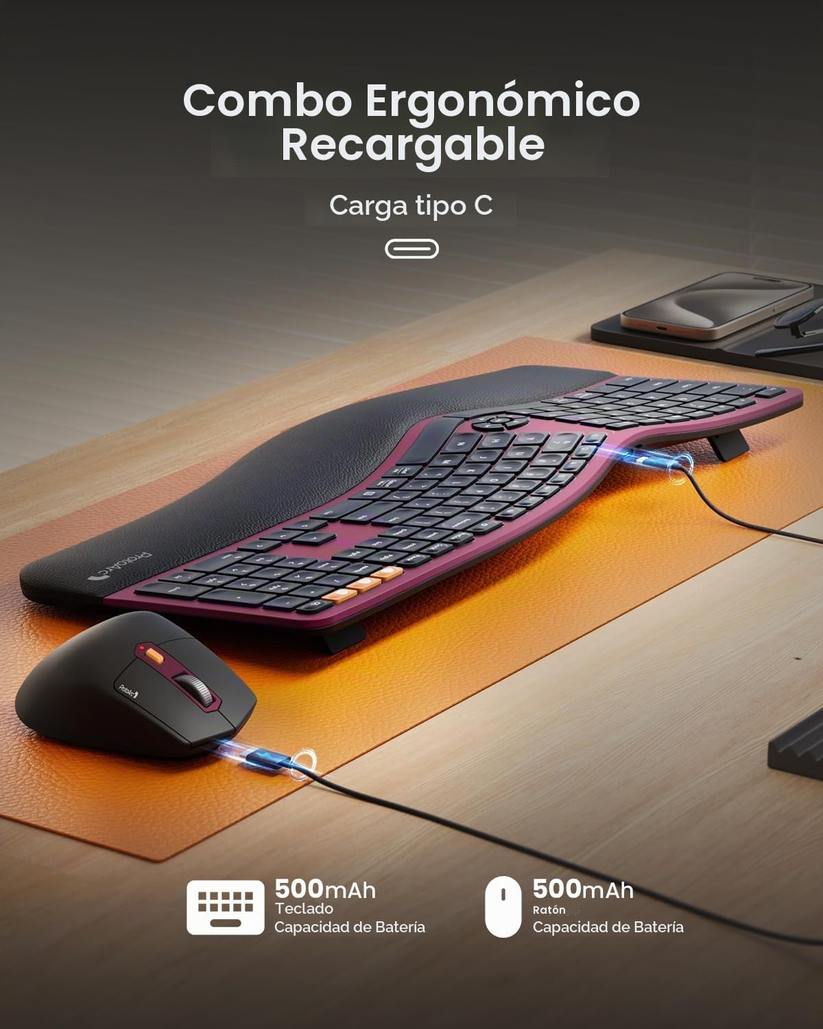 ProtoArc Teclado y Ratón Inalámbrico Ergonómico, EKM01 Plus Combo d...