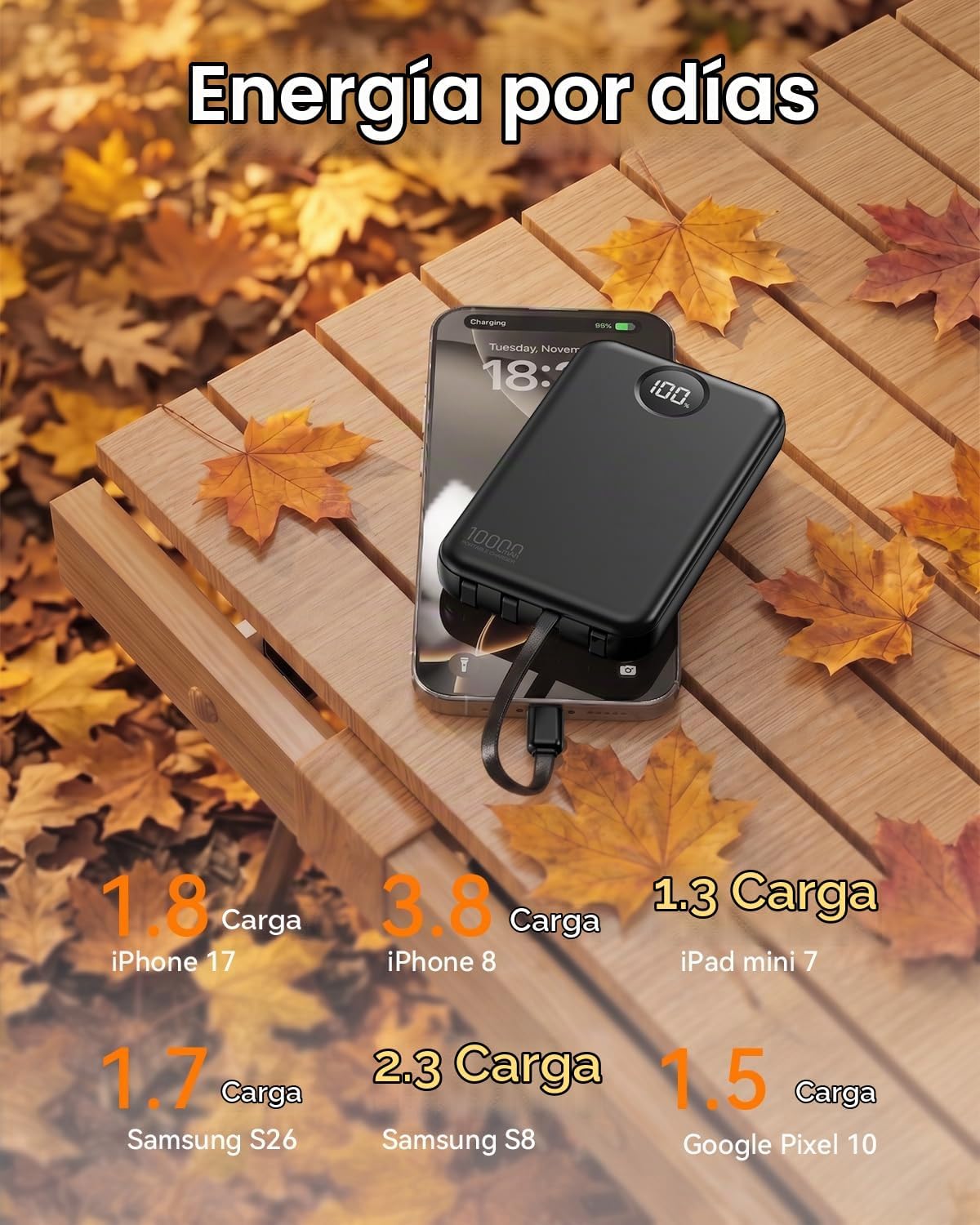 Zmmyuluo Cargador portátil de 10000 mAh con 4 cables integrados, pa...