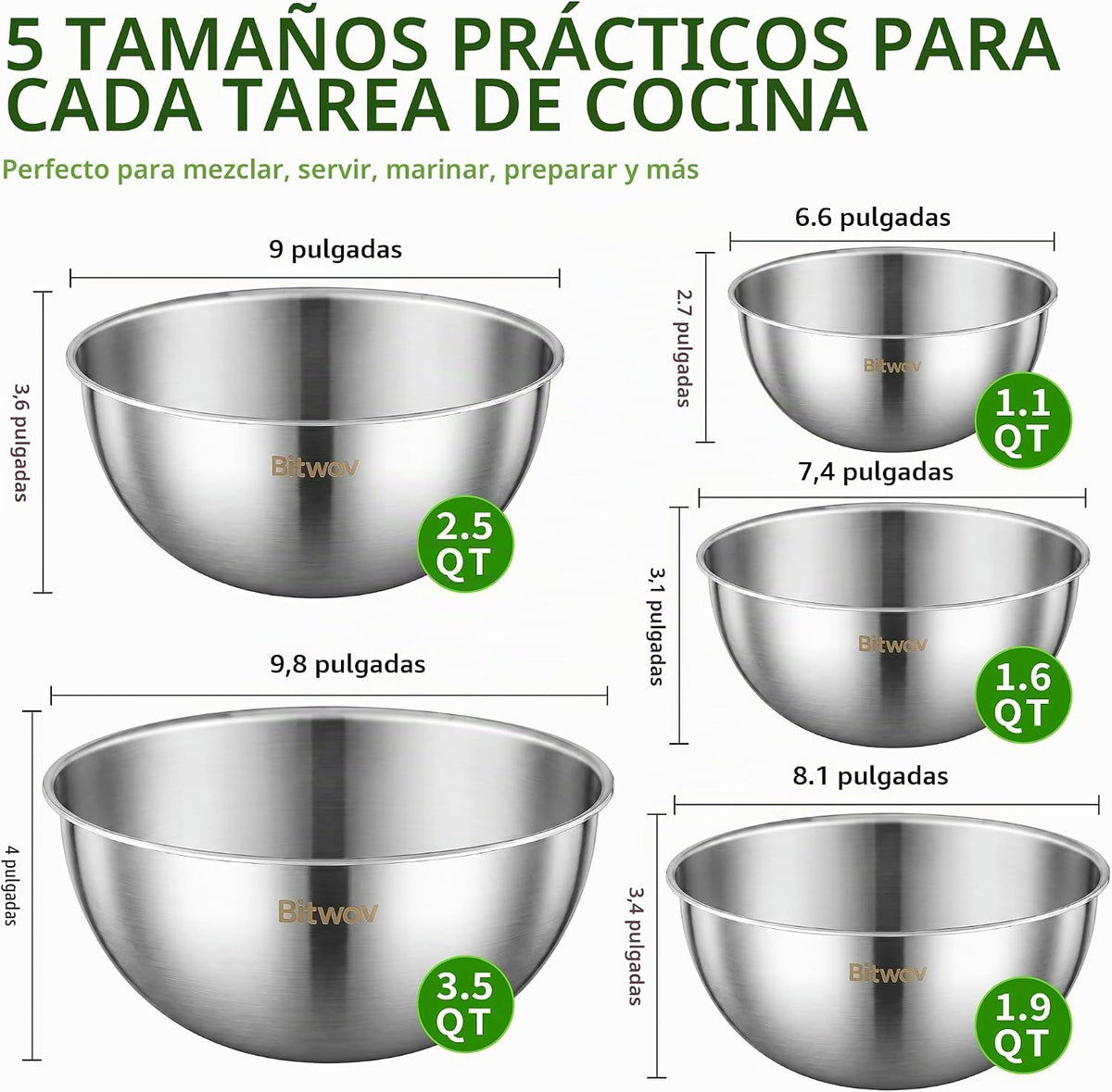 Bitwav Juego de 5 tazones de acero inoxidable 304 para mezclar de 1...