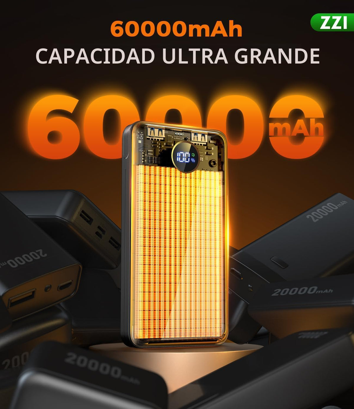 ZZI Cargador portátil Power Bank 60000mAh, 22.5W PD Paquete de bate...