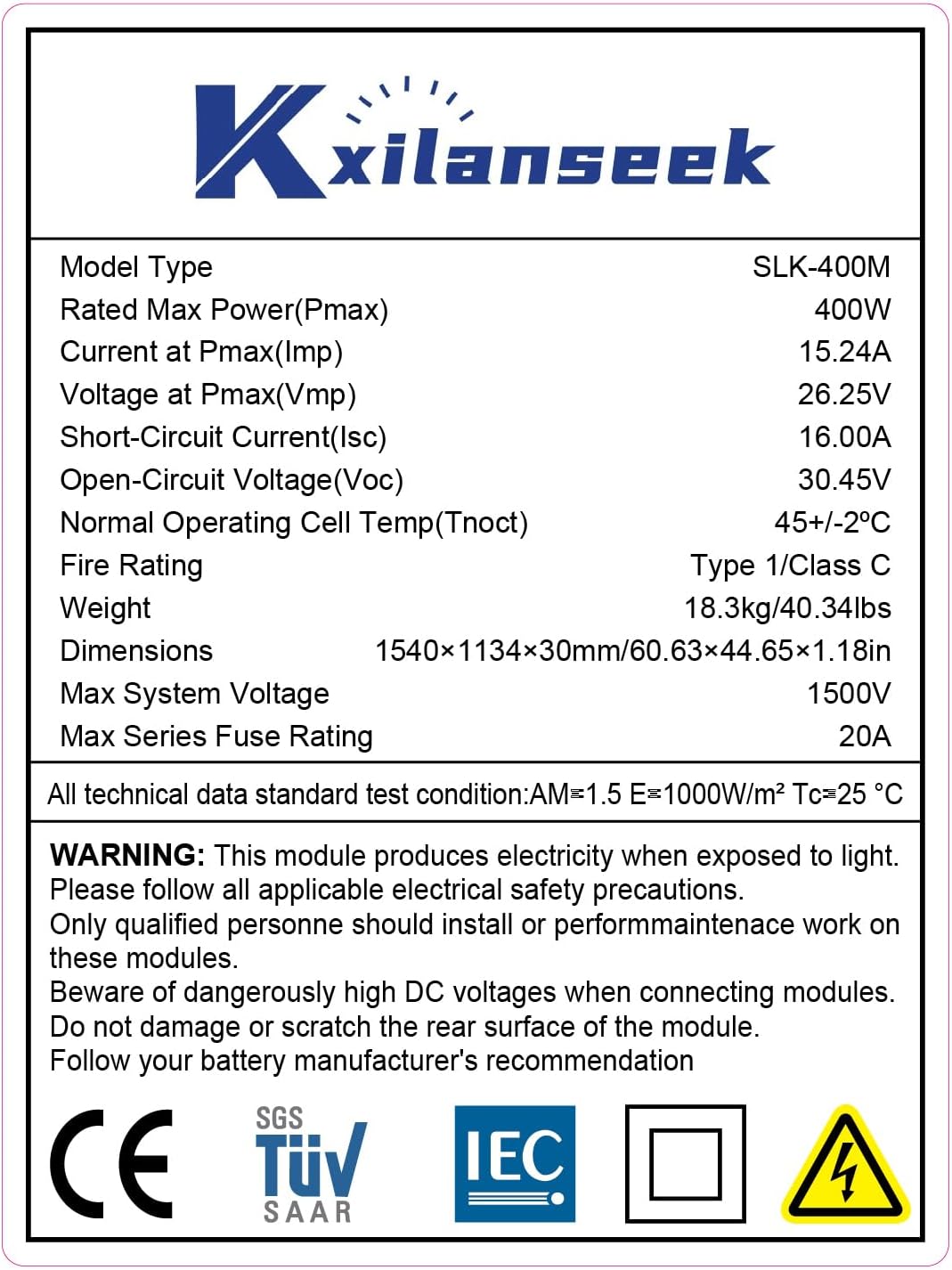 Xilanseek Panel solar bifacial de 400 W, kit de panel solar monocri...
