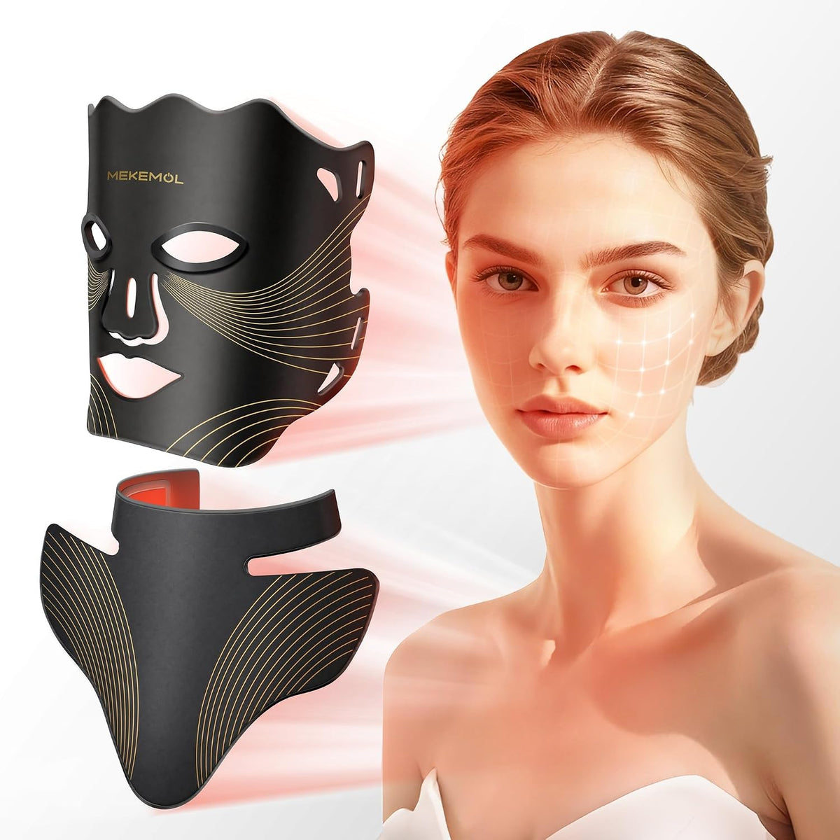 MEKEMOL Máscara de luz roja para cara y cuello con protección ocula...