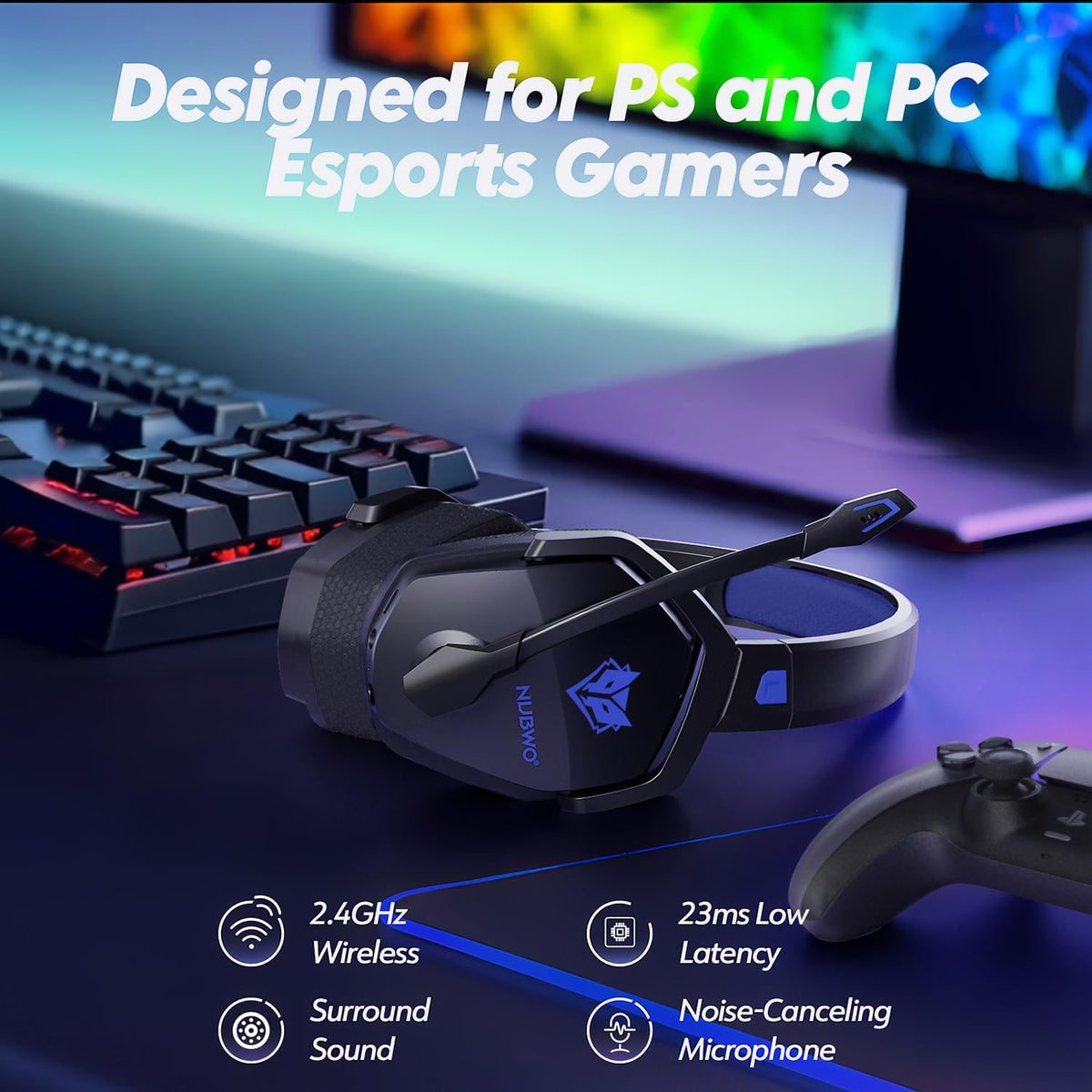 NUBWO Auriculares inalámbricos para juegos con micrófono para PC Ps...