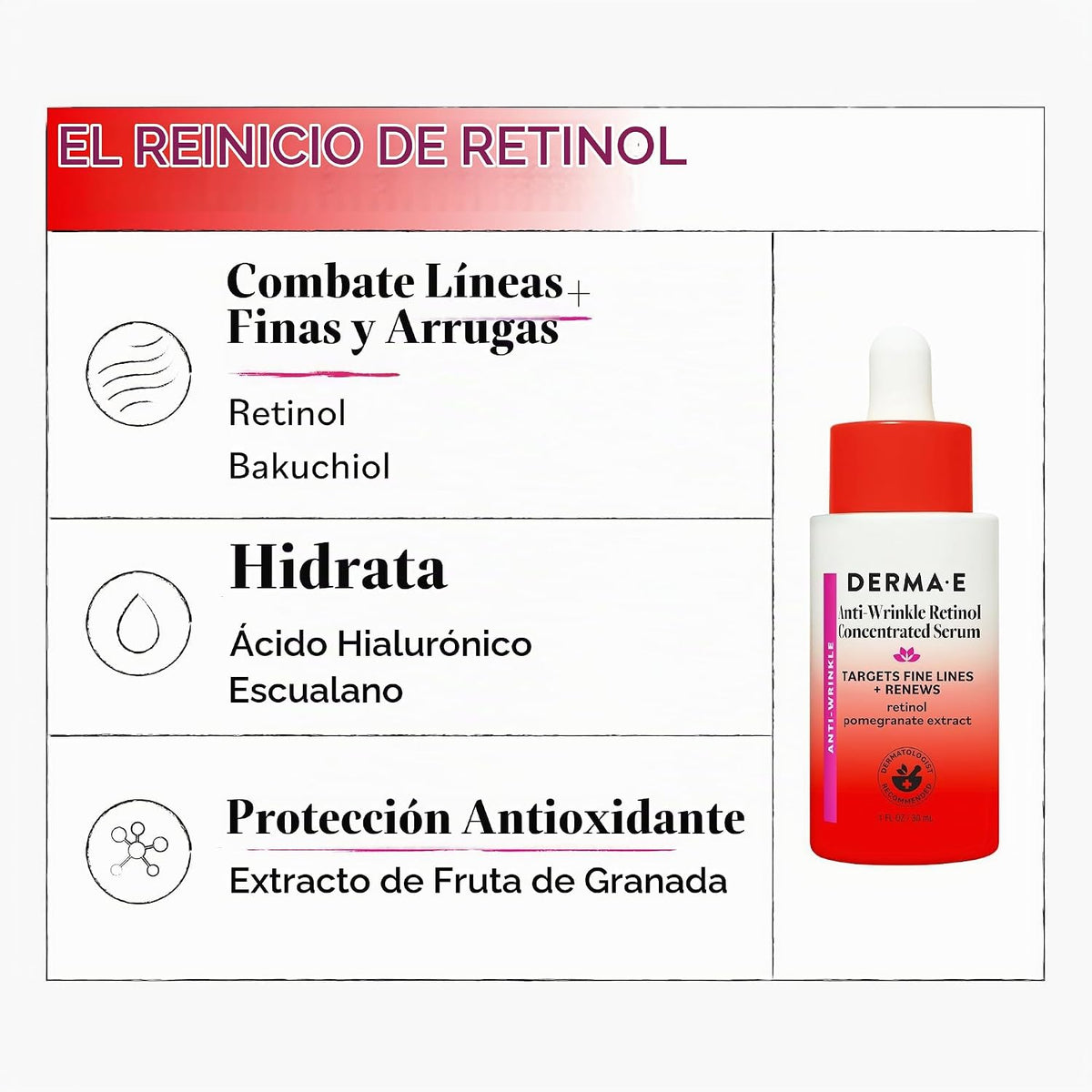 DERMA E Suero concentrado de retinol antiarrugas para cara, 1 onza...
