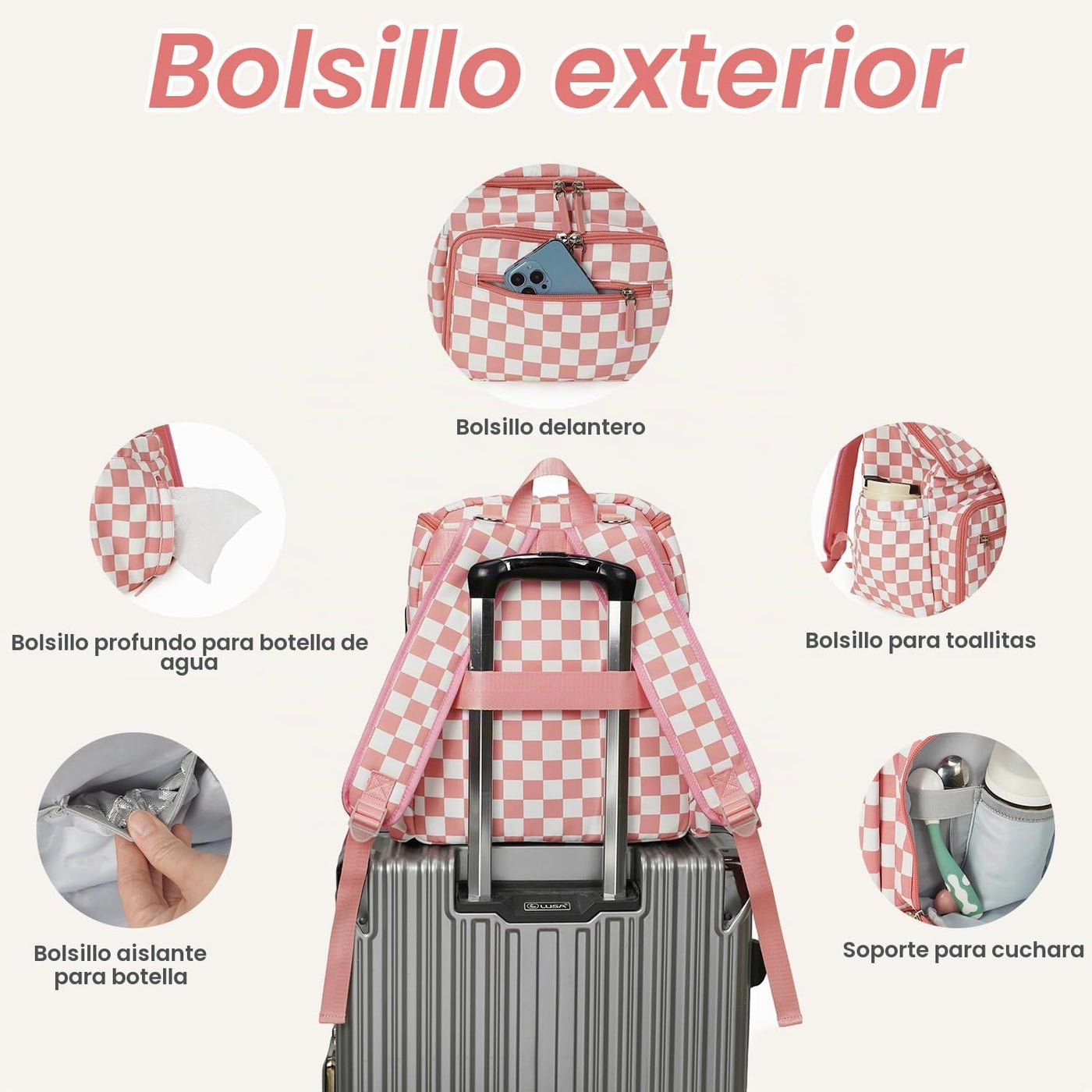 FHELAD Mochila de pañales a cuadros con cambiador y clips para coch...
