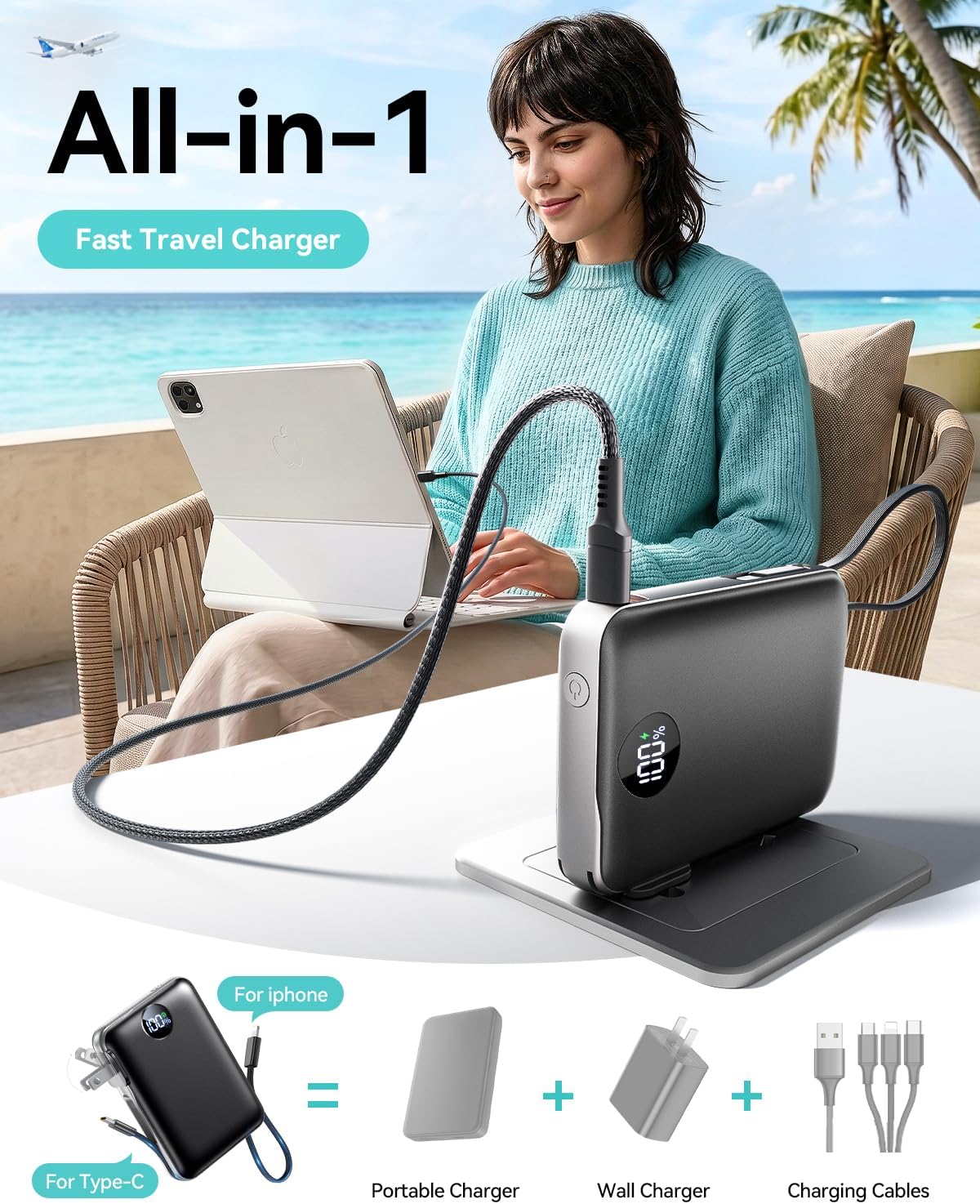 Cargador portátil Power Bank 10000mAh, 45% más pequeños cables inte...