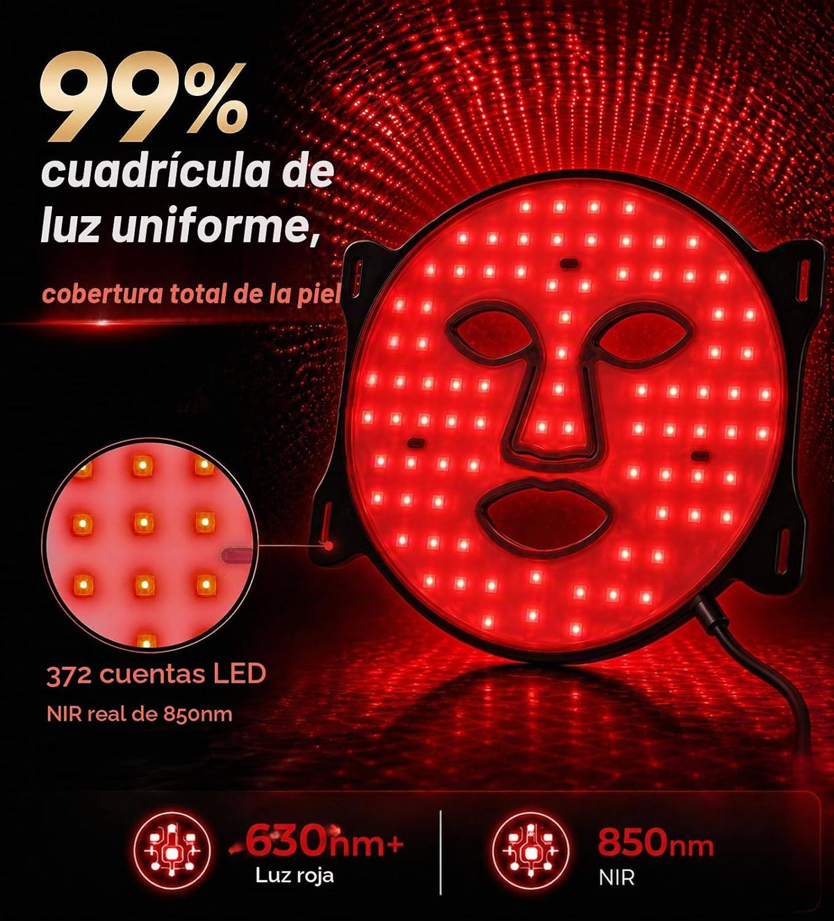 Máscara de terapia de luz roja para cara, inalámbrica de 7 colores...