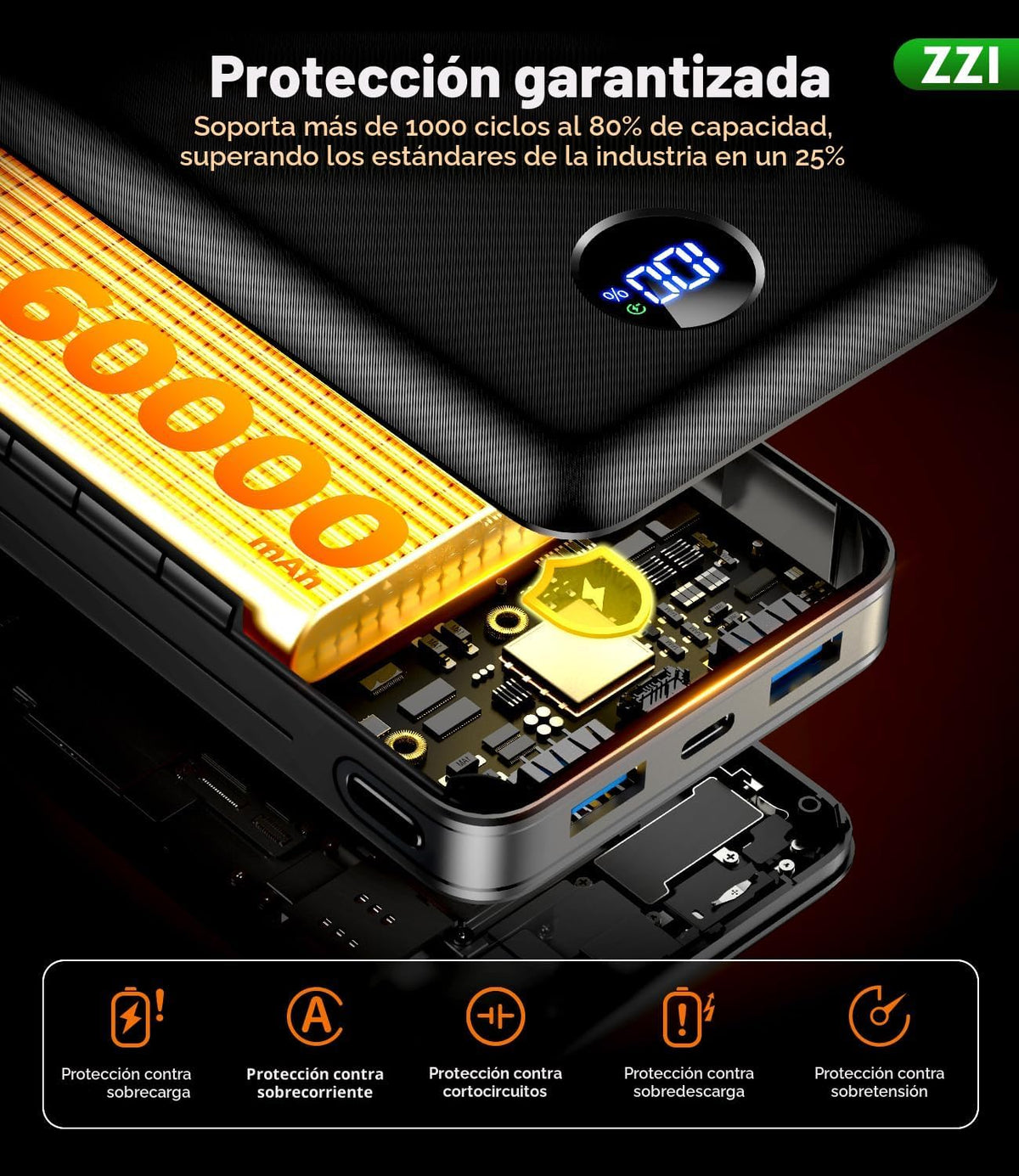 ZZI Cargador portátil Power Bank 60000mAh, 22.5W PD Paquete de bate...