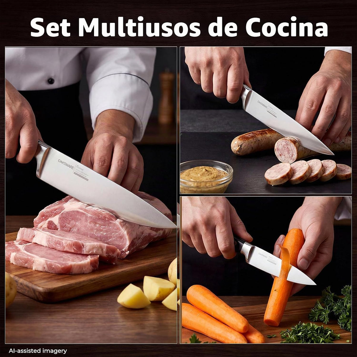 OAKSWARE Juego de cuchillos de cocina 3 piezas, cuchillos de chef a...