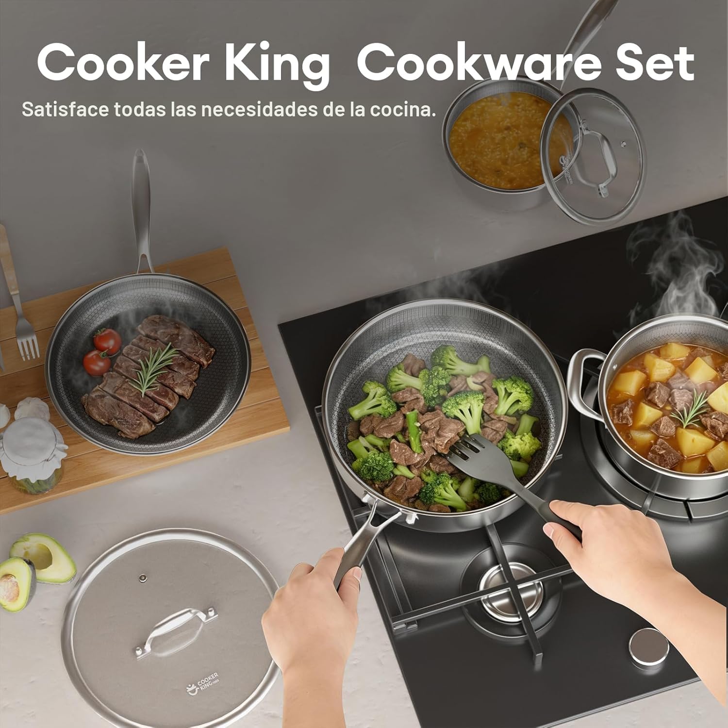 COOKER KING Juego de ollas y sartenes antiadherentes, juego de uten...