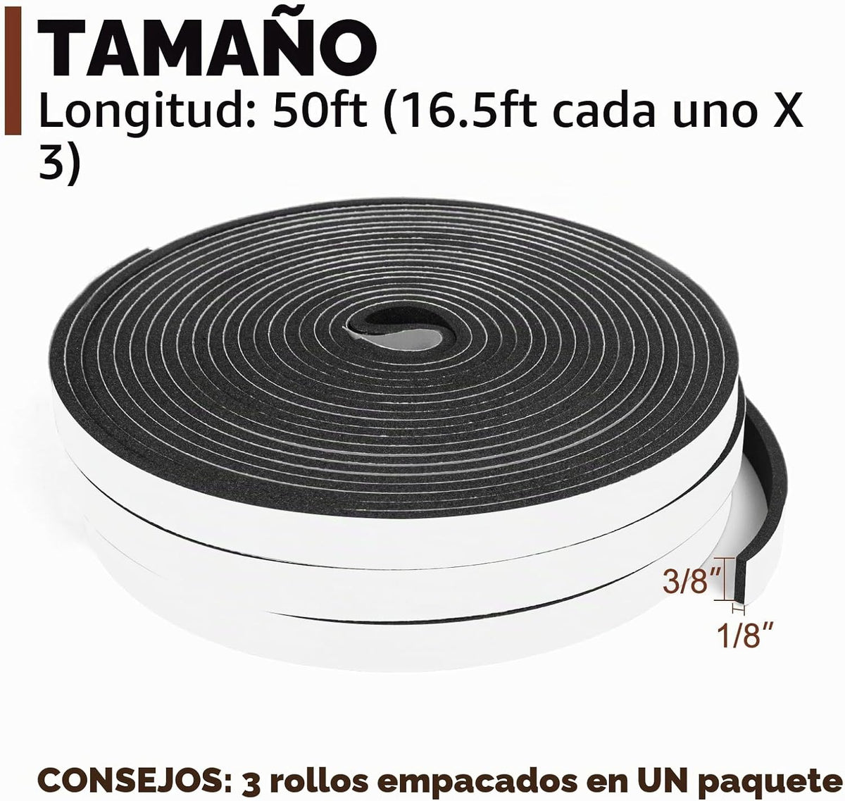 Yotache - Cinta de espuma, 3 rollos, 50 pies de largo, 3\/8 pulgada...