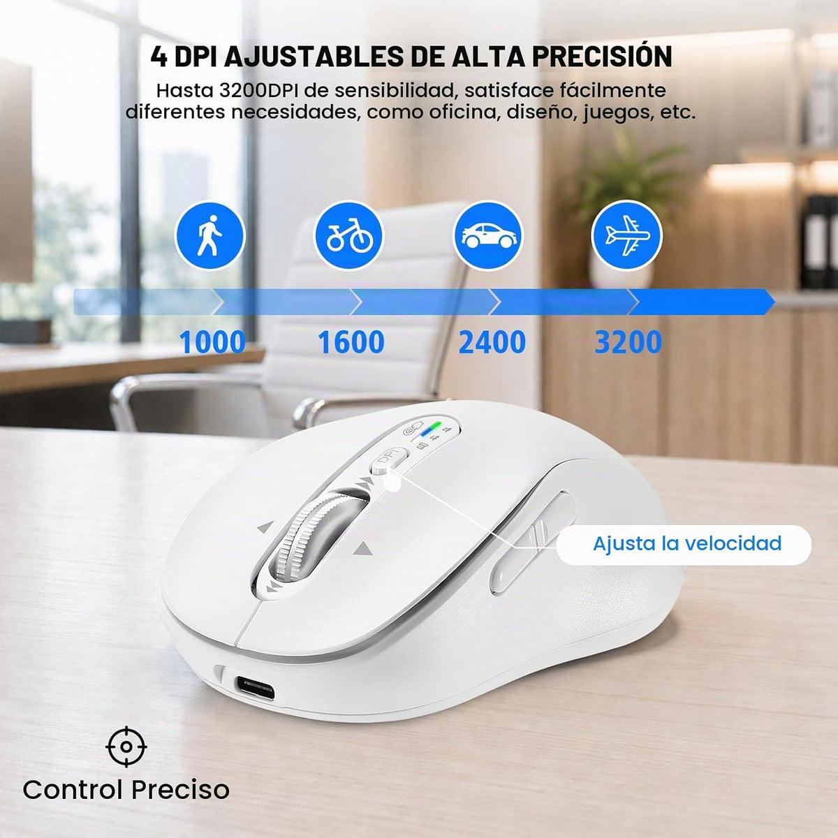 Ratón inalámbrico Bluetooth recargable, USB+BT×2, silencioso, ergon...