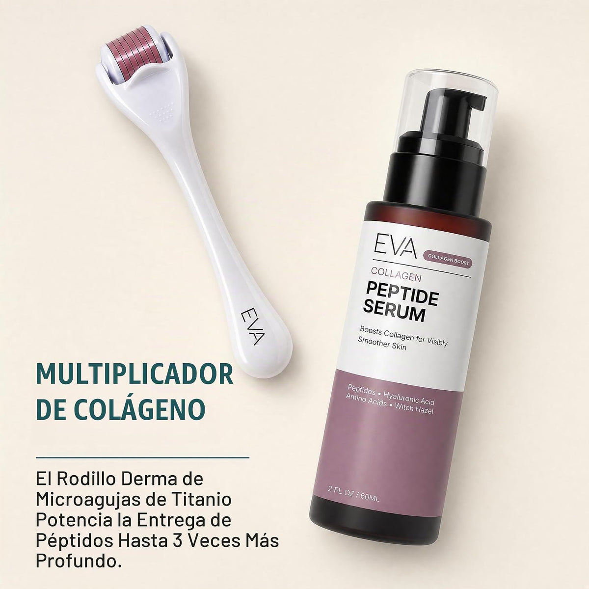 Suero peptídico Eva Naturals, kit de microagujas con rodillo Derma...