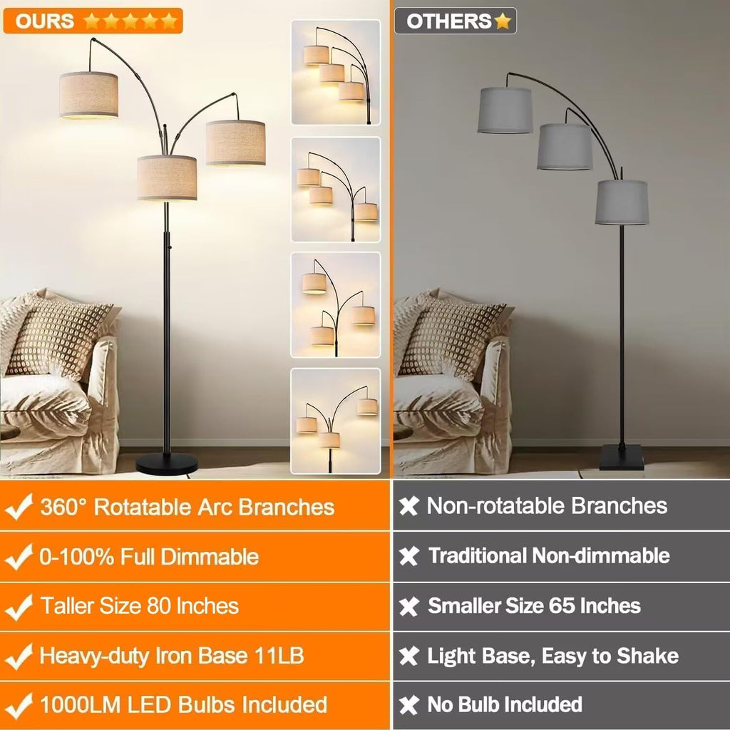 Lámpara de Pie Regulable - 3 Luces Lámpara de Pie de Arco para Sala...