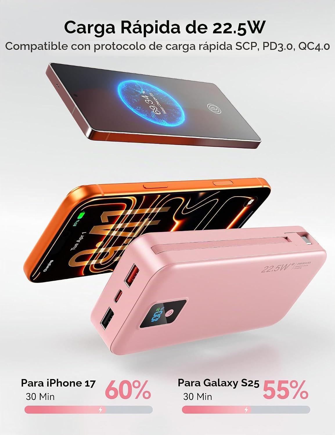 Cargador portátil, 20000 mAh 22.5 W, cargador de batería de carga r...