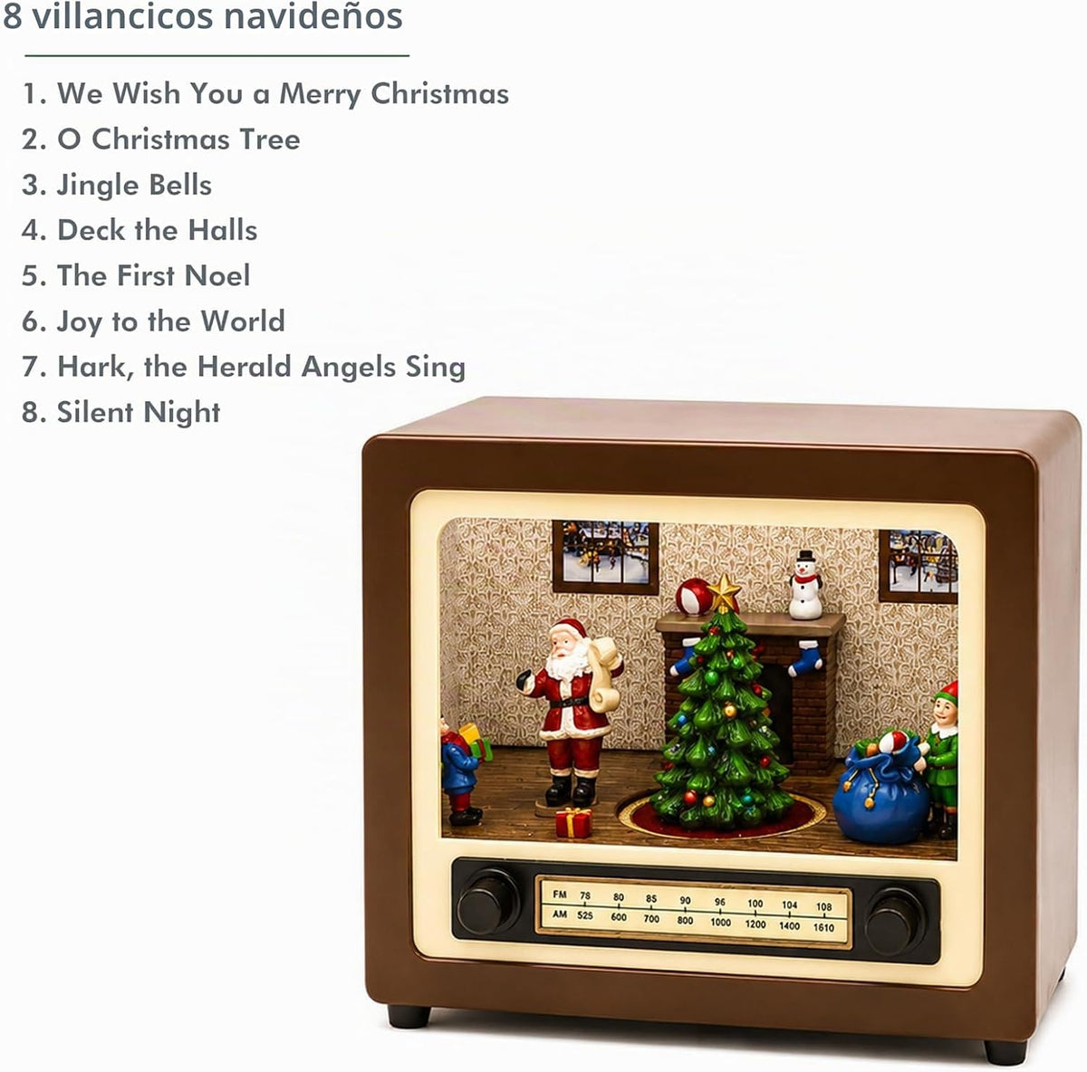 Moments in Time Radio retro con escena del hogar de Papá Noel, deco...