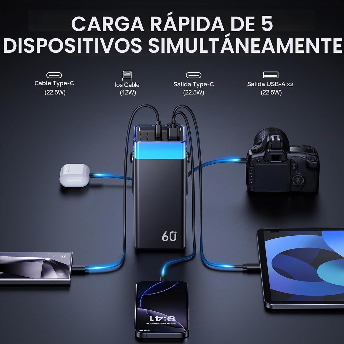 Cargador portátil Power Bank 60000mAh, 22.5W Paquete de baterías de...