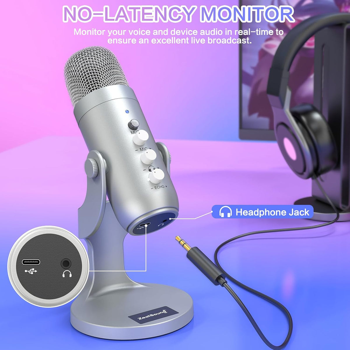 ZealSound Micrófono Podcast para PC, Micrófono USB con cancelación...