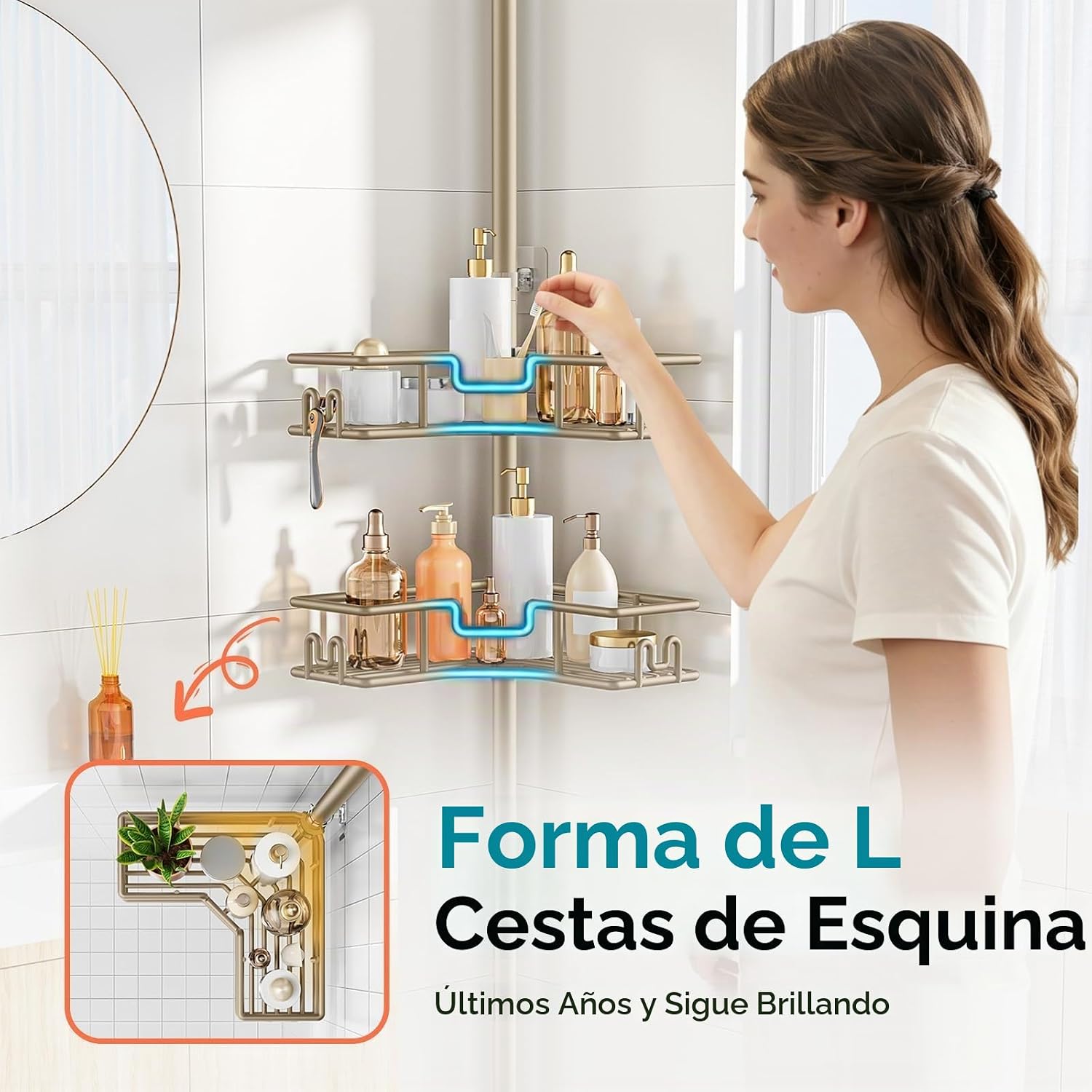 HAMITOR Estante de ducha sin perforación: accesorios de baño de esq...